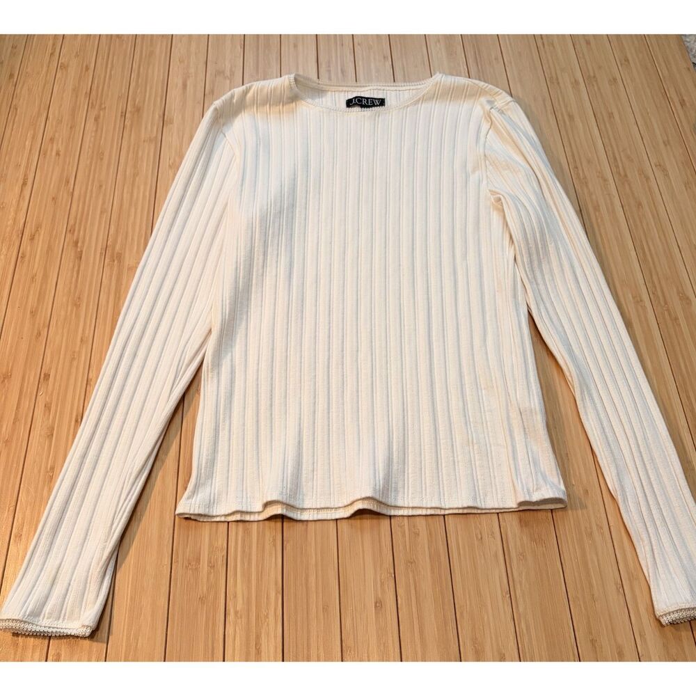 J.Crew Ivory Ribbed Long Sleeve Top Women's Large Textured Knit Crew Neck